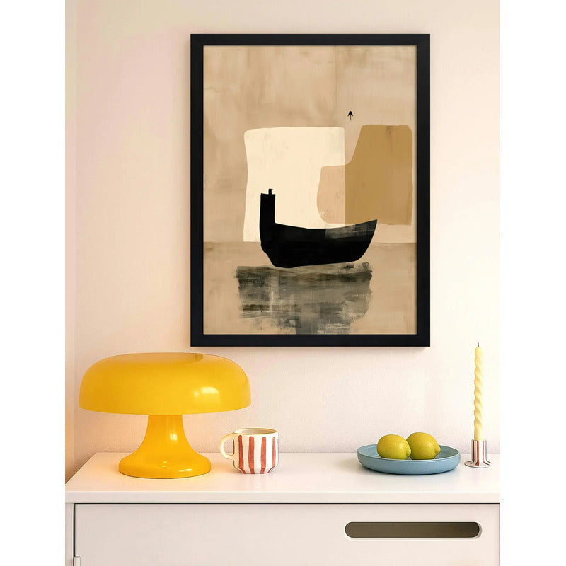 Cuadro Dormitorio Living Boho Abstracto Barco Tonos Neutros Marco Negro