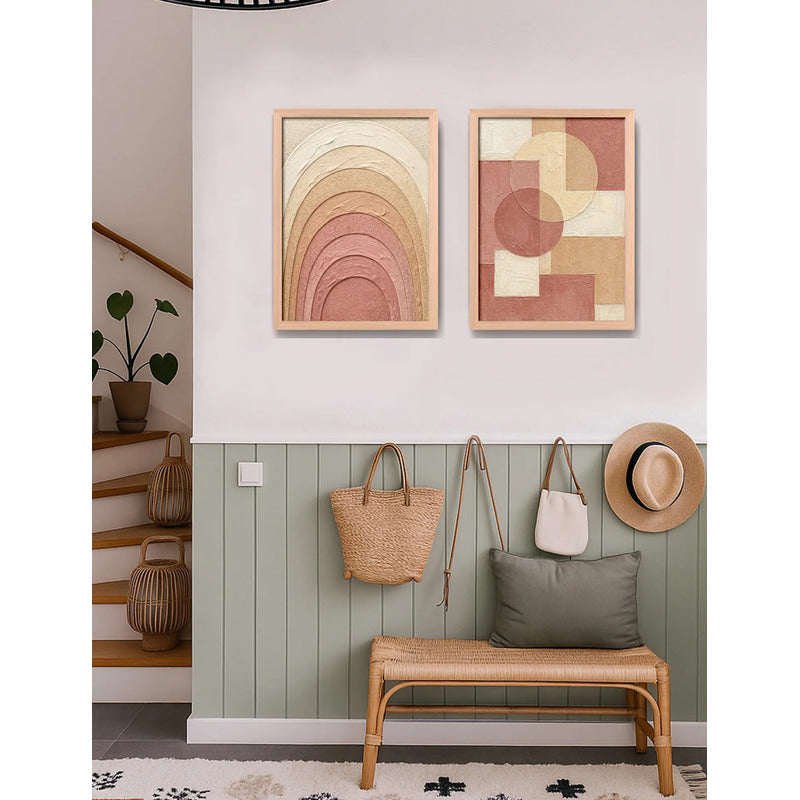 Set 2 Cuadros Boho Arte Abstracto Tonos Tierra Decora Living Marco Marrón Claro