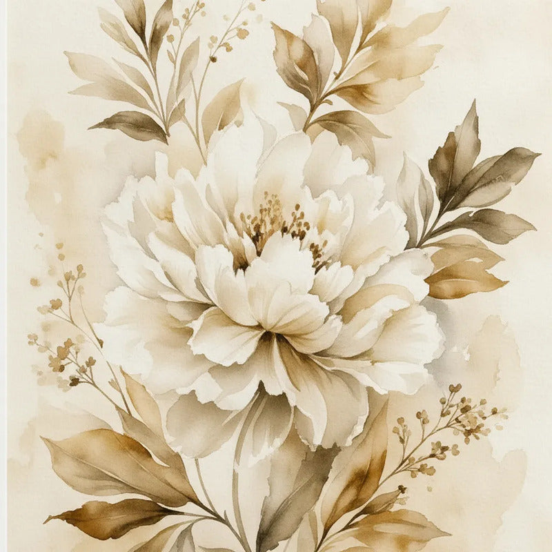 Set 3 Cuadros Living Dormitorio Flores Beige Crema Abstracto Marco Blanco