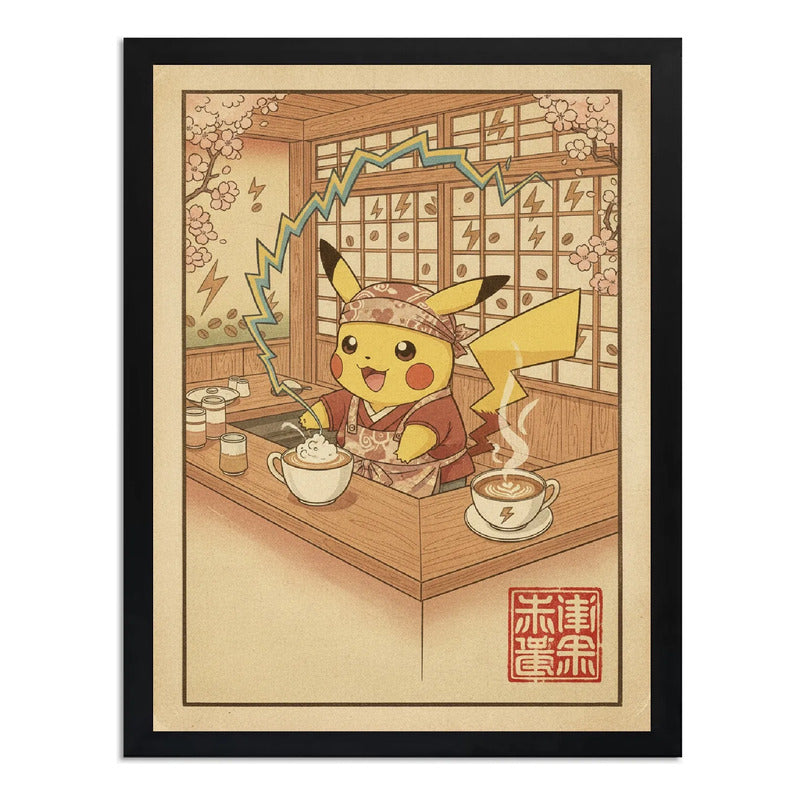 Cuadro Pikachu Cafe Barista Cocina Arte Japon Pokemon Anime Marco Negro