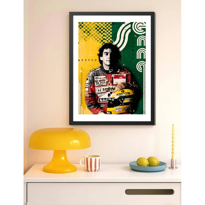 Cuadro Ayrton Senna Formula 1 Mclaren Casco Amarillo Arte Marco Negro