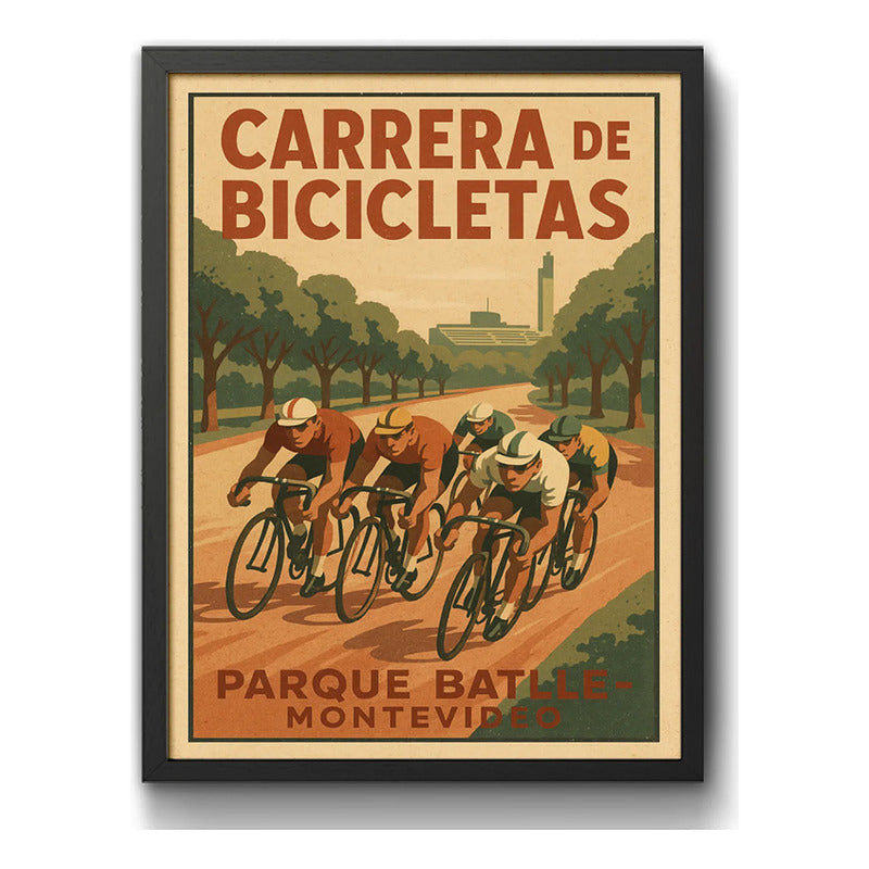 Cuadro Parque Batlle Carrera De Bicicletas Montevideo Retro Marco Negro