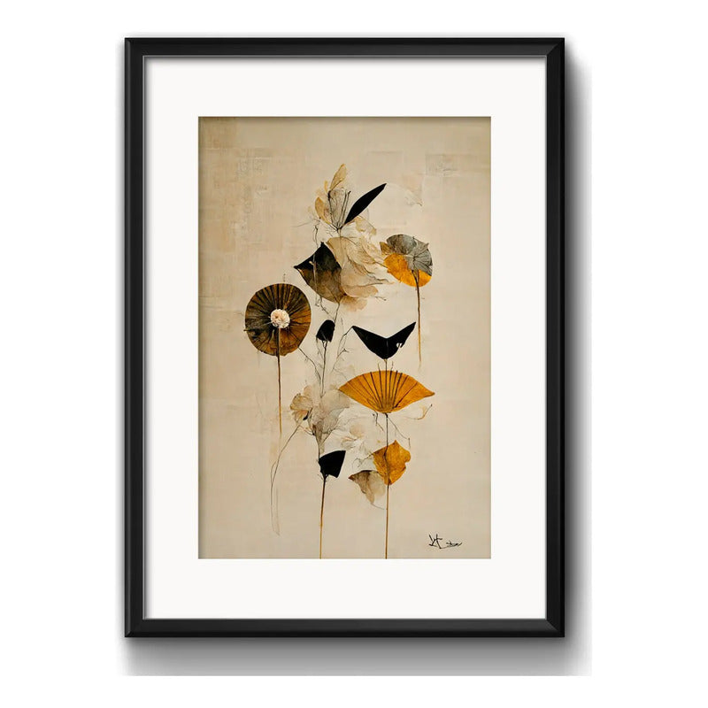 Cuadro Flores Hojas Arte Botanica B1 Decoracion Con Paspartú Flores Tonos Terrosos Con Marco Negro