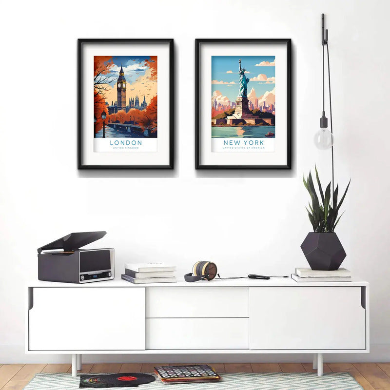 Set 2 Cuadros Londres New York Colores 53x43cm Con Paspartú Marco Negro