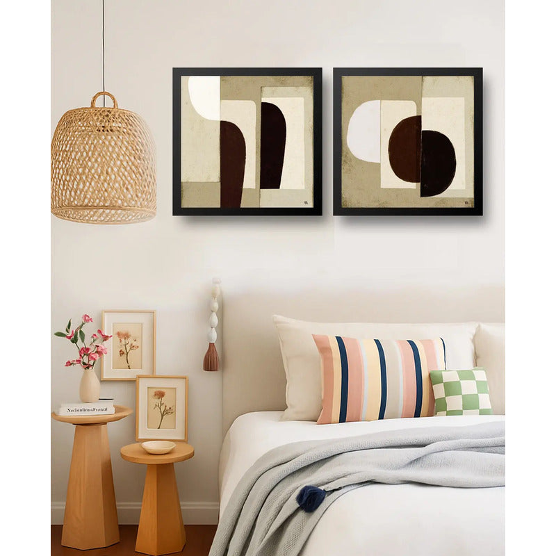 Set 2 Cuadros Dormitorio Living Boho Abstracto Beige 33x33cm Marco Negro