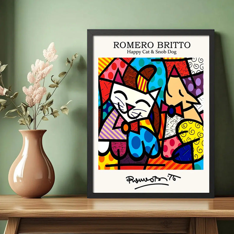 Cuadro Romero Britto Pop Art Gato Feliz Perro Snob Living Marco Negro