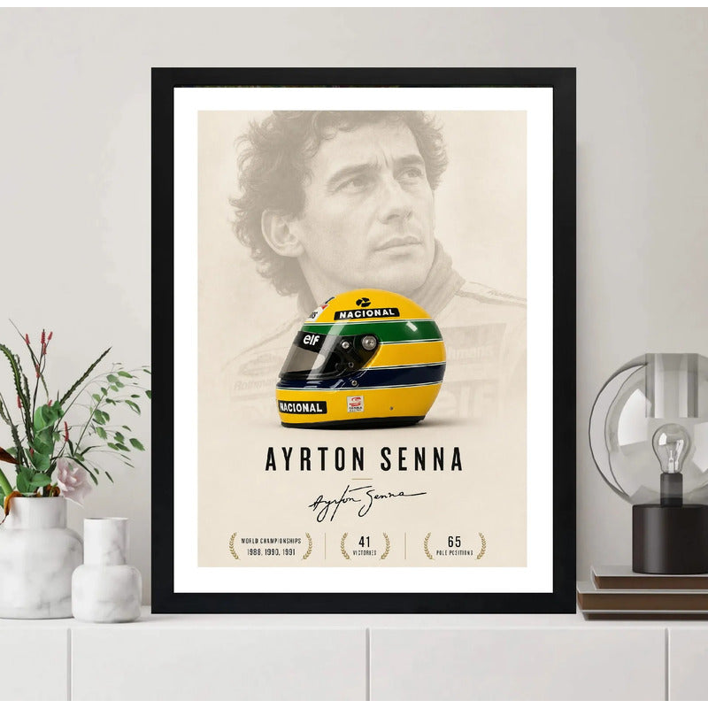 Cuadro Senna Arte Minimalista Formula 1 Auto Casco Amarillo Marco Negro