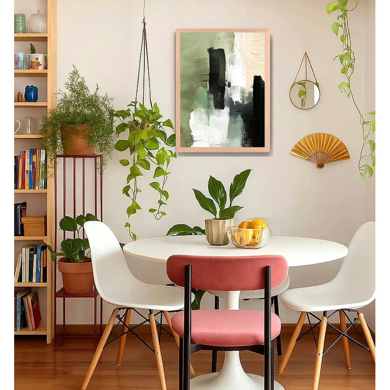 Cuadro Dormitorio Living Boho Abstracto Niebla Verde Oak Marco Marrón Claro
