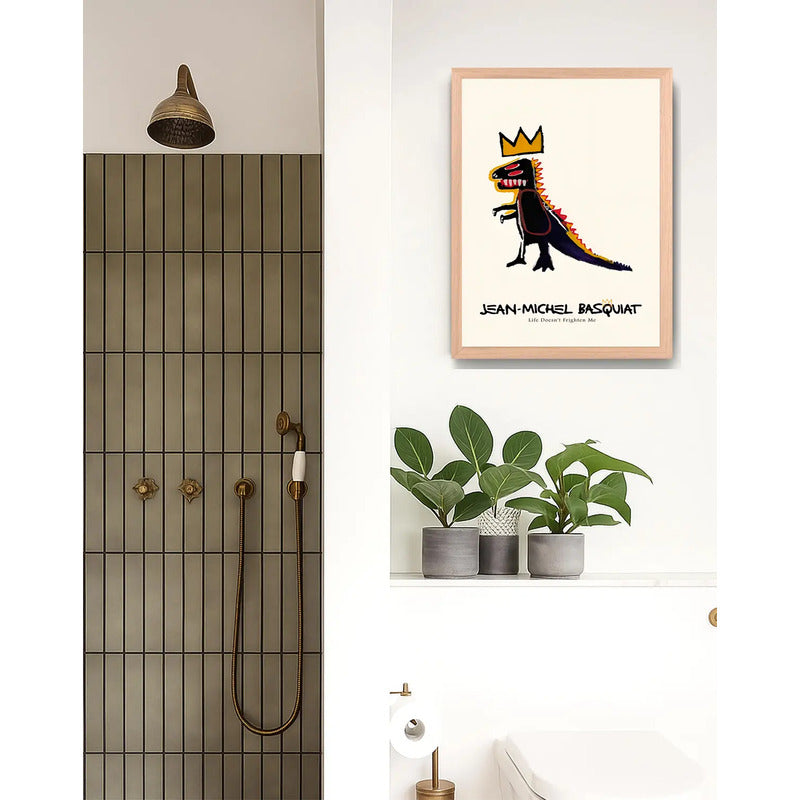 Cuadro Basquiat Dinosaurio Pez Dispenser Arte Urbano Oak Marco Marrón Claro