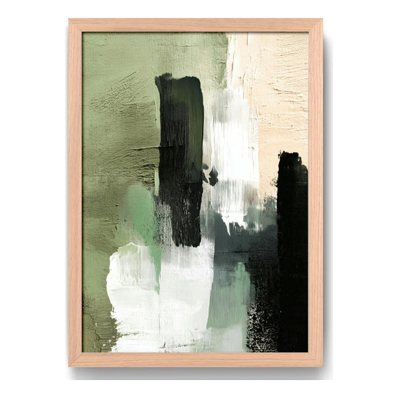 Cuadro Dormitorio Living Boho Abstracto Niebla Verde Oak Marco Marrón Claro