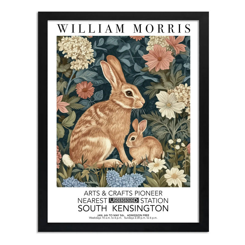 Cuadro Conejo William Morris Arte Botanico Flores Exposición Marco Negro