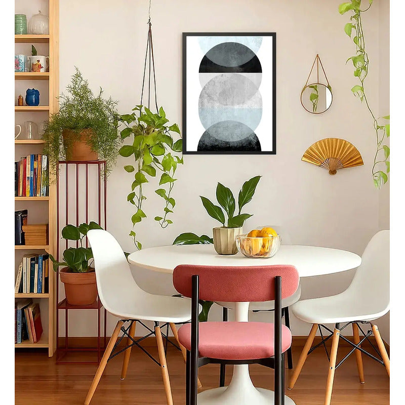 Cuadro Geometrico Abstracto Formas Boho Decoracion Moderna Celeste Azul Con Marco Negro