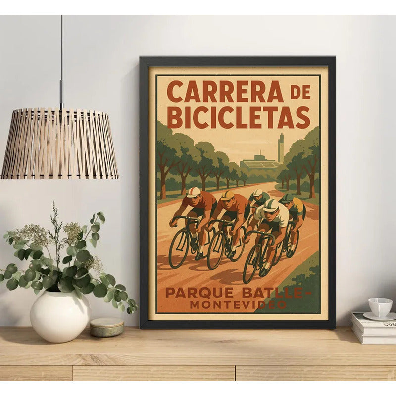 Cuadro Parque Batlle Carrera De Bicicletas Montevideo Retro Marco Negro