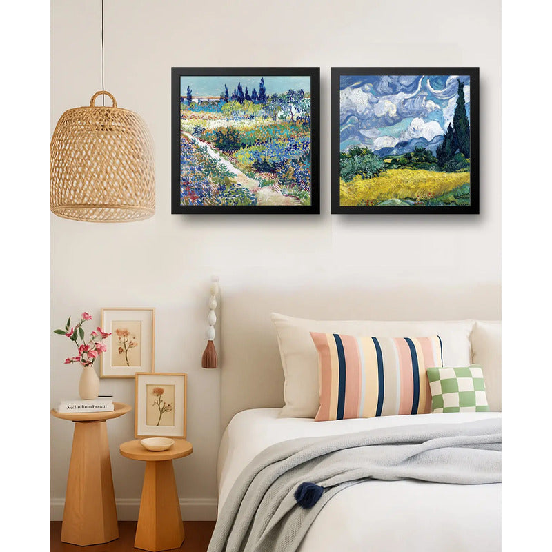 Set 2 Cuadros Van Gogh Jardín Arlés Y Campo Cipreses 33x33cm Marco Negro