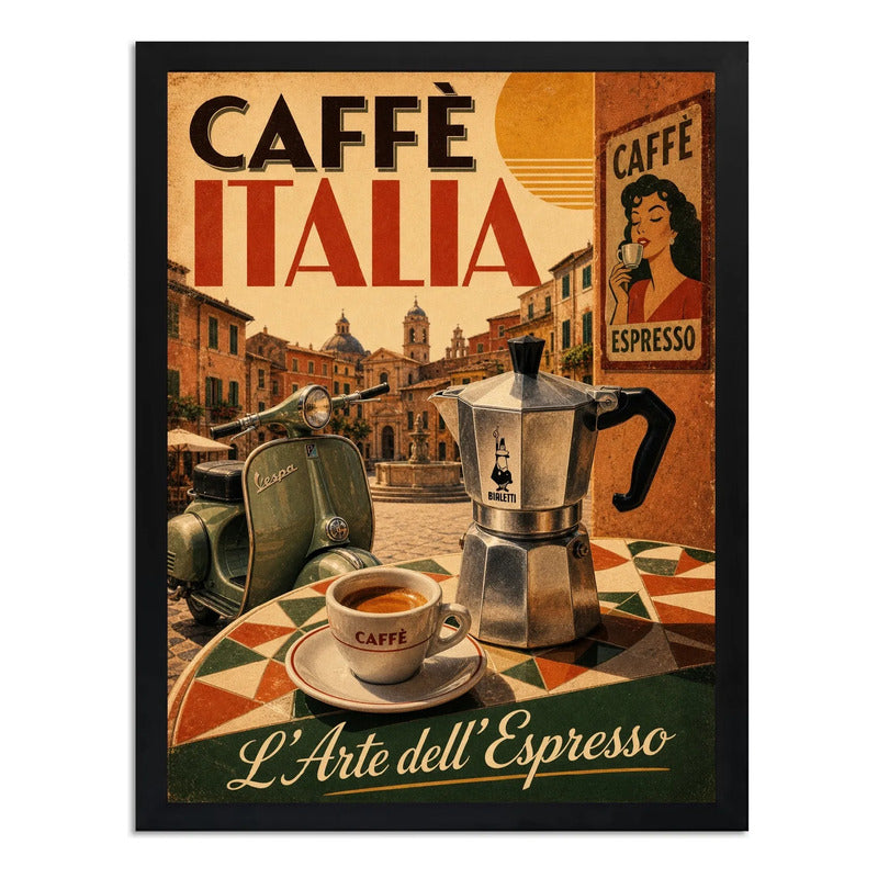 Cuadro Café Italia Arte Espresso Vespa Retro Cocina Vintage Marco Negro