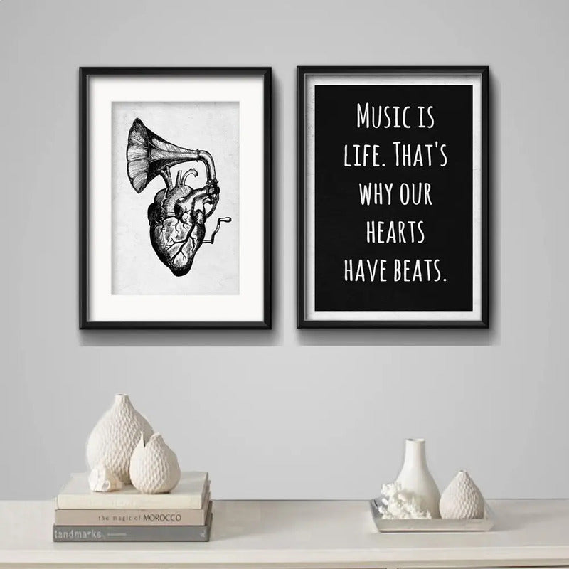 Set 2 Cuadros Corazon Gramófono Musica Frase Con Paspartu