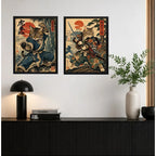 Set 2 Cuadros Gato Samurai Kung Fu Arte Japones Marcial Marco Negro