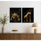 Set 2 Cuadros Toro Y Oso De Wall Street Dorado Arte Golden Marco Negro