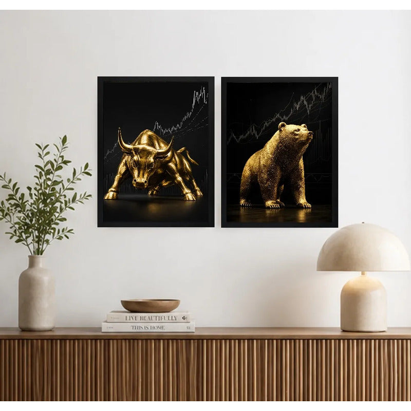 Set 2 Cuadros Toro Y Oso De Wall Street Dorado Arte Golden Marco Negro