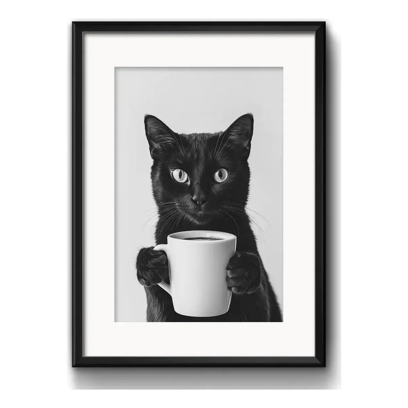3 Cuadros Gato Tomando Vino Cafe Pet Decoracion Con Paspartú Marco Negro