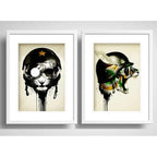 Set 2 Cuadros León Tigre Guerra Arte Decoracion Con Paspartú