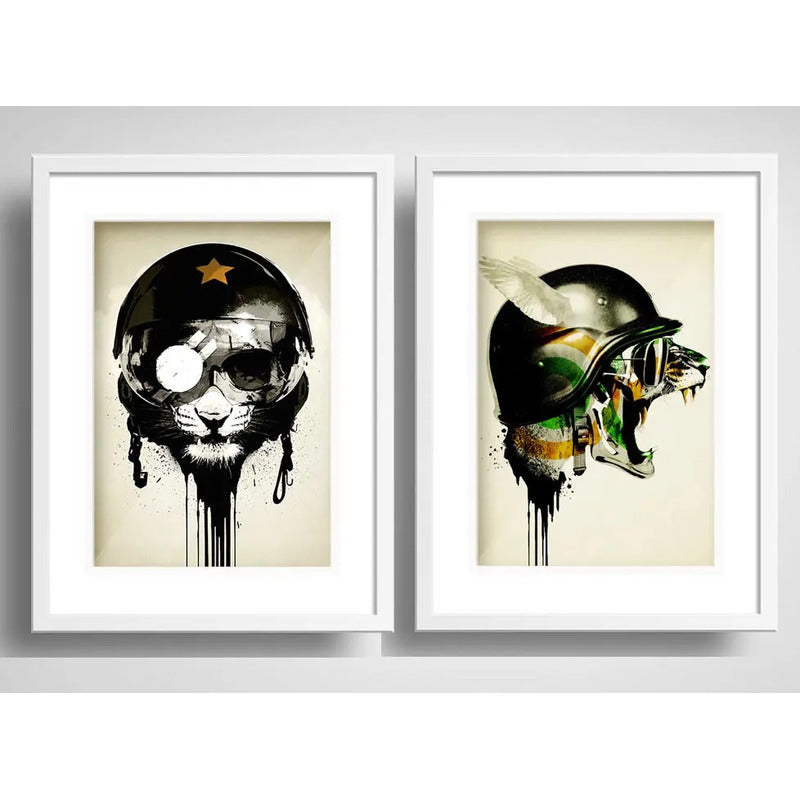 Set 2 Cuadros León Tigre Guerra Arte Decoracion Con Paspartú