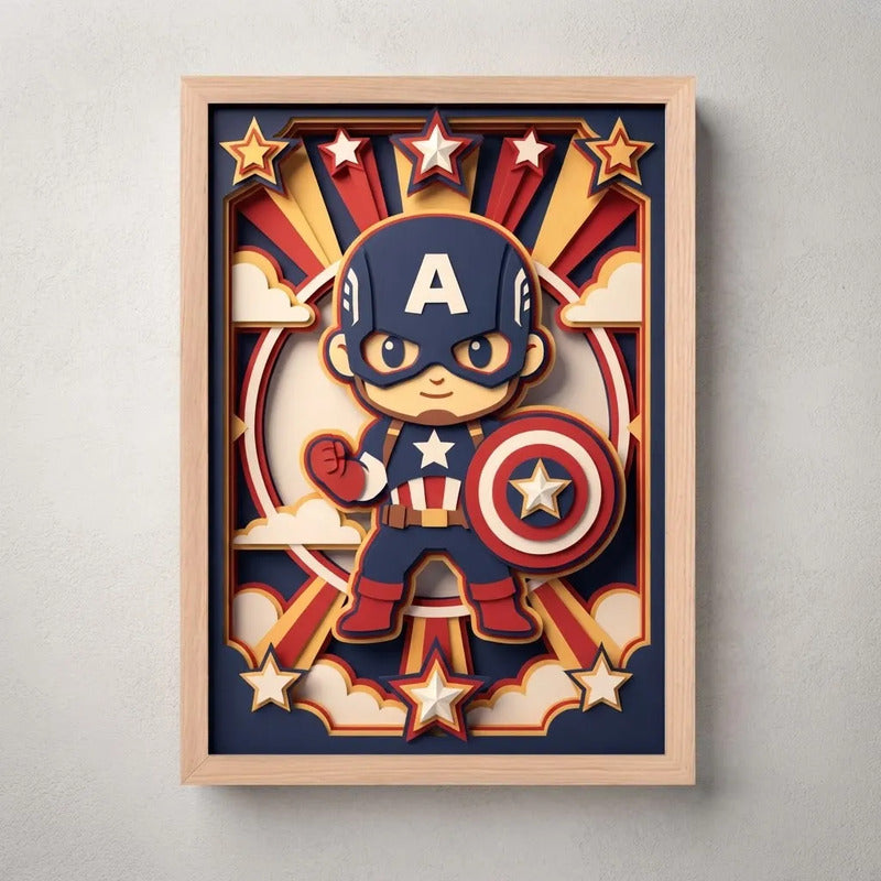 Cuadro Capitan America Superheroes 3d Dormitorio Infantil Marco Negro