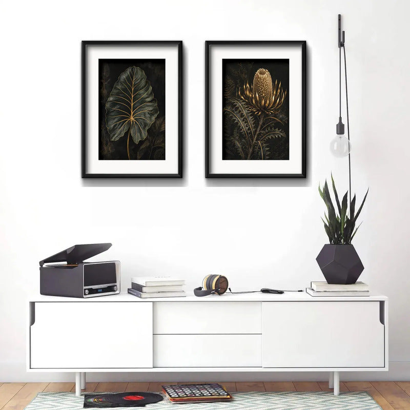 Set 2 Cuadros Hojas Flores Tonos Verde Oscuro Con Paspartu 53x43cm Cada Cuadro Negro