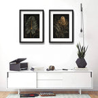 Set 2 Cuadros Hojas Flores Tonos Verde Oscuro Con Paspartu 53x43cm Cada Cuadro Negro