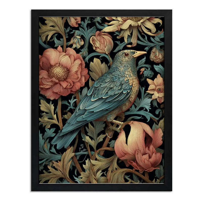 Cuadro Pajaro Botanico Flores William Morris Aves Flor Arte Pájaro Azul Y Peonías W Morris Marco Negro