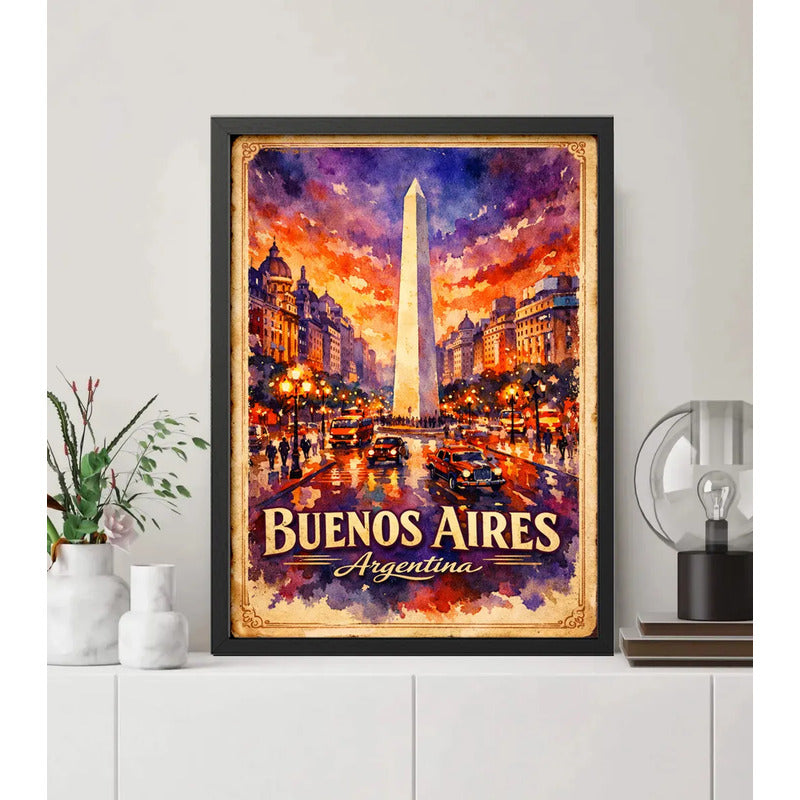 Cuadro Buenos Aires Argentina Obelisco Al Atardecer Retro Marco Negro