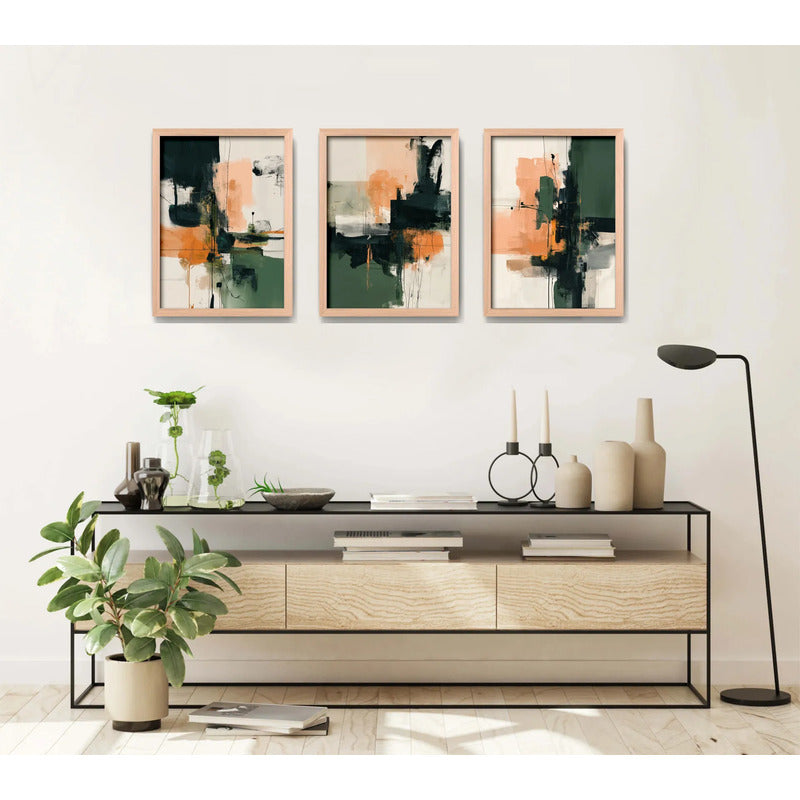 Set 3 Cuadros Dormitorio Living Abstracto Arte Verde Durazno Marco Marrón Claro