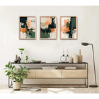 Set 3 Cuadros Dormitorio Living Abstracto Arte Verde Durazno Marco Marrón Claro