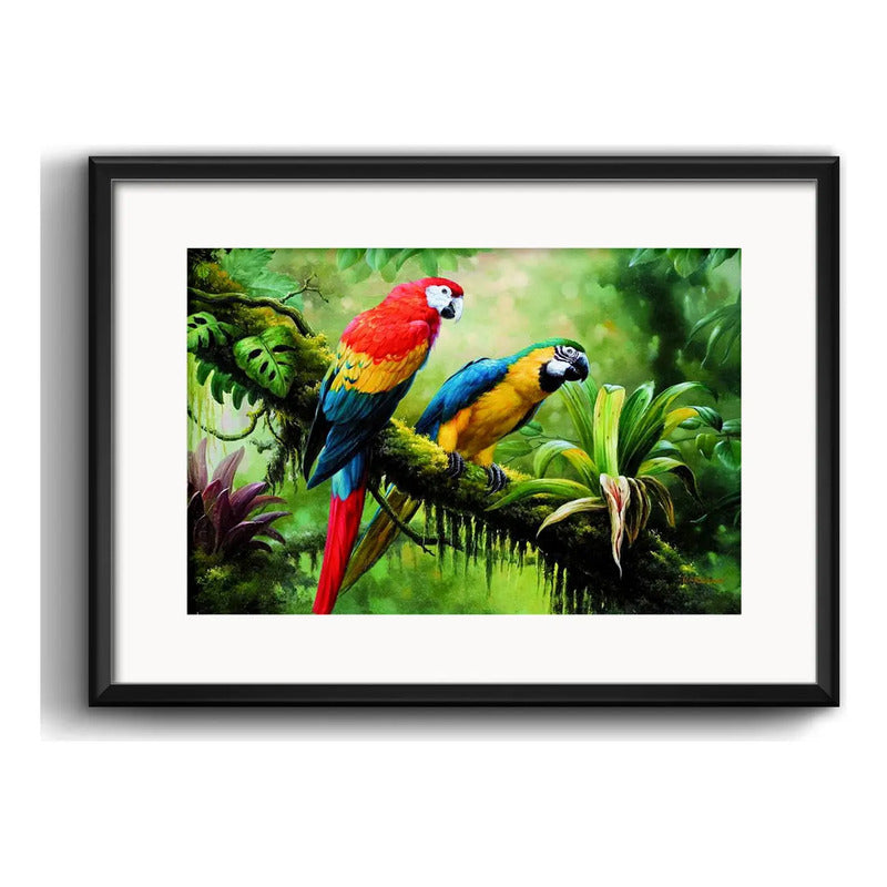 Cuadro Araras Loros Arte Floresta Decoracion Con Paspartú Marco Negro