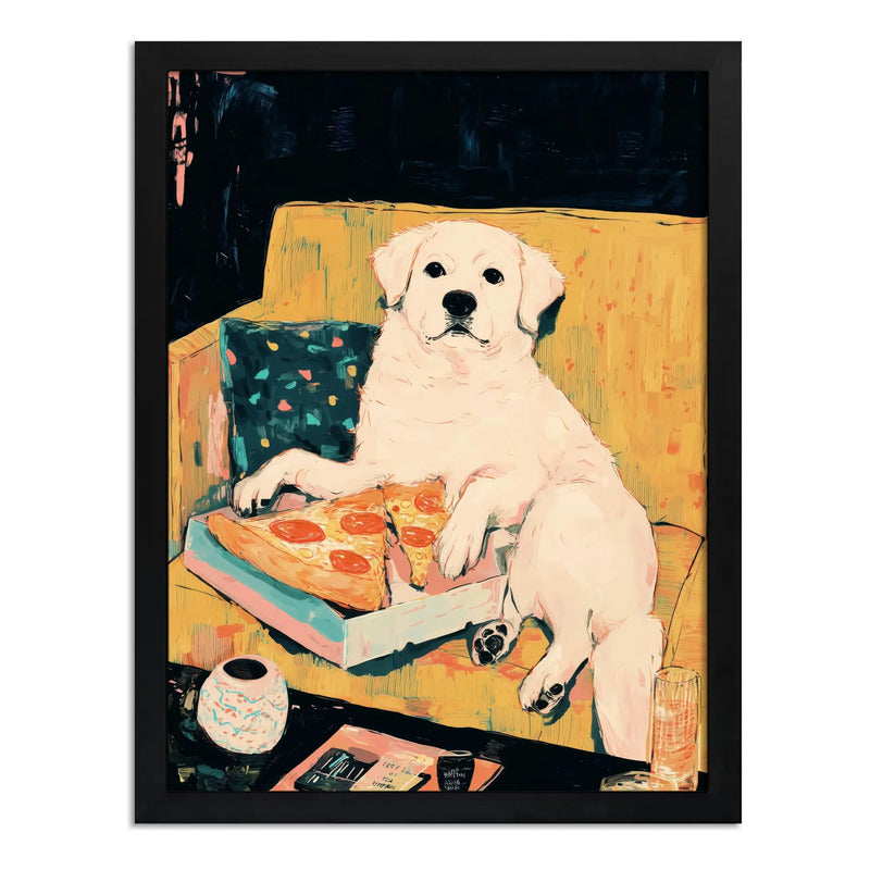 Cuadro Perro Comendo Pizza Golden Retriever Pet Mascota Marco Negro