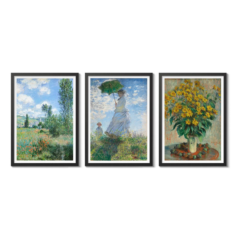 Set 3 Cuadros Living Dormitorio Claude Monet Classics Arte Marco Negro