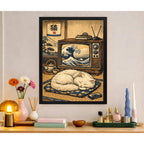 Cuadro Gato Blanco Ola Kanagawa Arte Japones Feng Shui Marco Negro