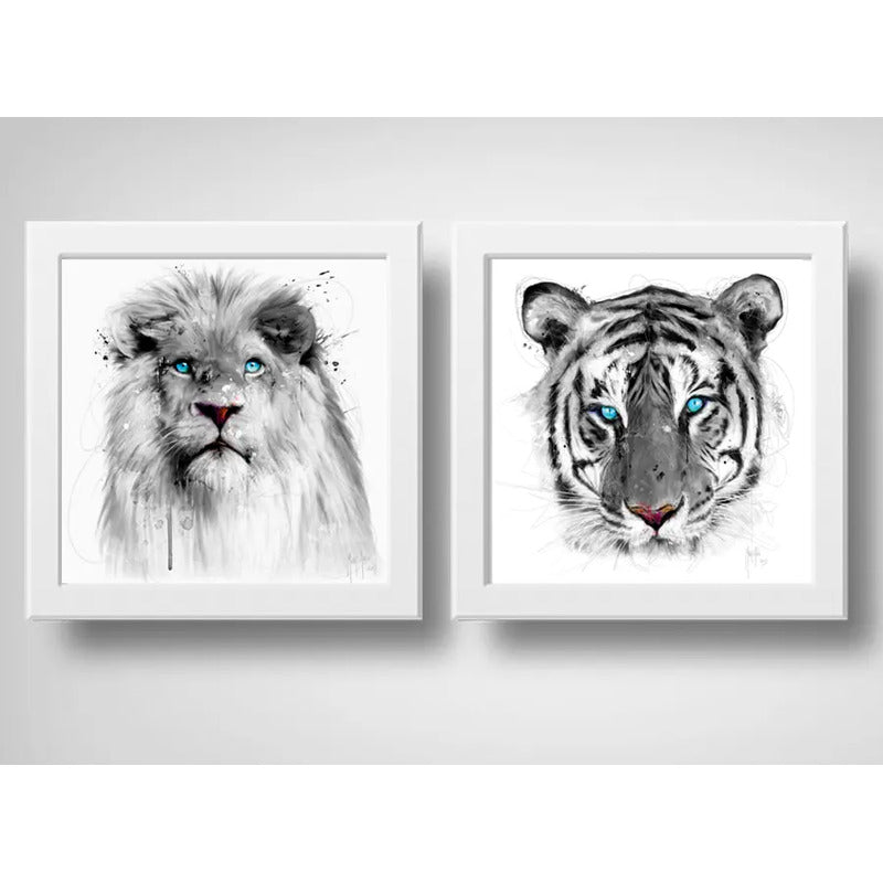 Set 2 Cuadros Leon Tigre Art Ojos Azules Animal Decoracion