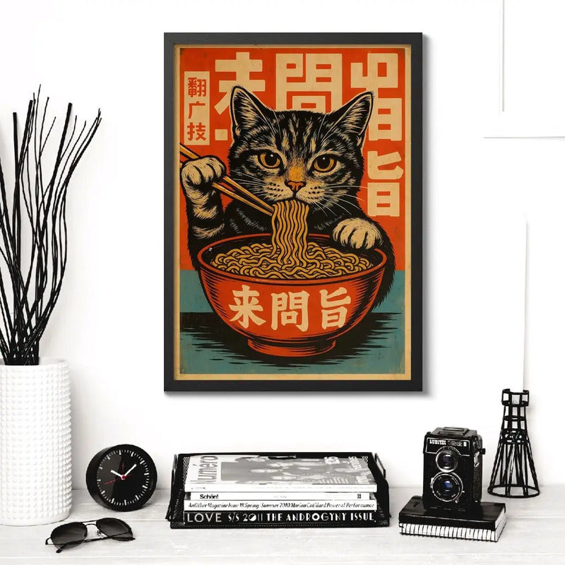 Cuadro Gato Ramen Noodles Japonés Arte Oriental 2 Decoracion Marco Negro