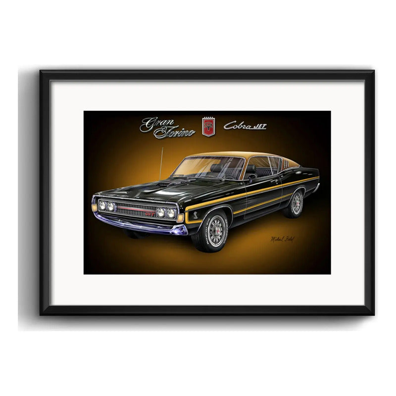 Cuadro Autos Antiguos Modelos Marcas Retro Arte Con Paspartu Ford Gran Torino Cobra Jet Con Marco Negro