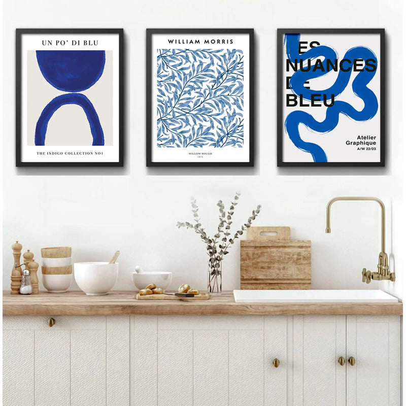 Set 3 Cuadros Dormitorio Living Indigo Abstract Tonos Azul Marco Negro