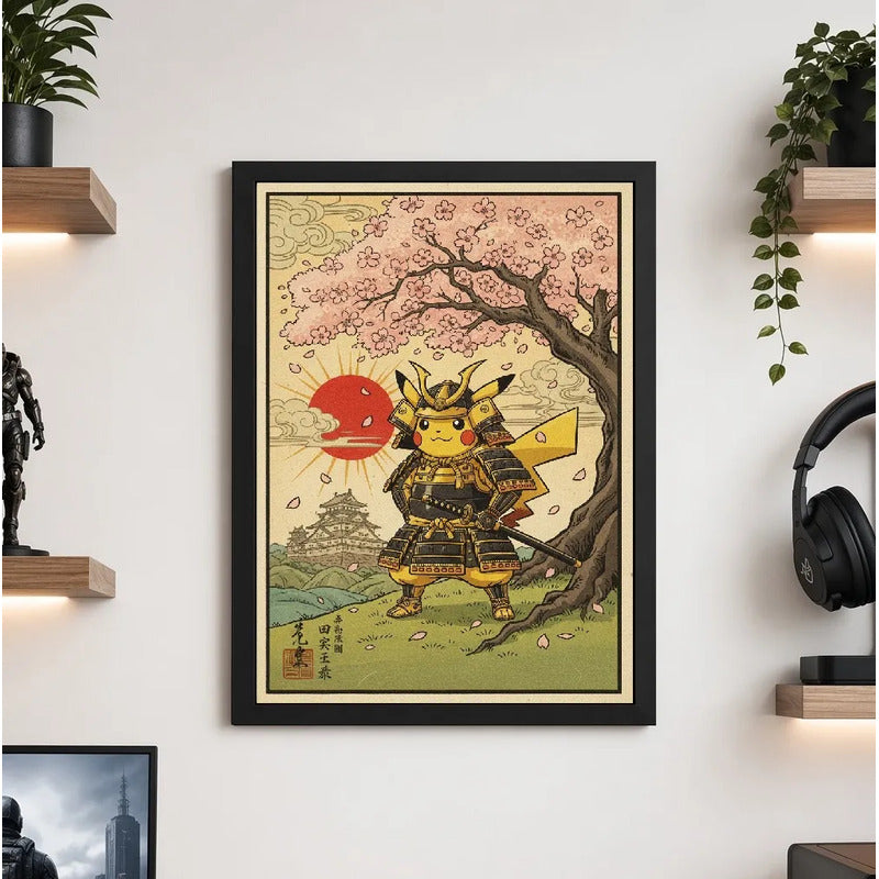 Cuadro Pikachu Samurai Ninja Guerrero Japón Pokemon Anime Marco Negro