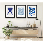 Set 3 Cuadros Living Abstracto B1 Azul 53x43cm Con Paspartu Marco Negro