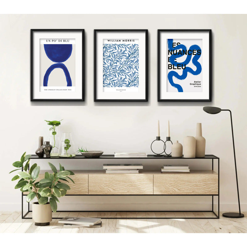 Set 3 Cuadros Living Abstracto B1 Azul 53x43cm Con Paspartu Marco Negro