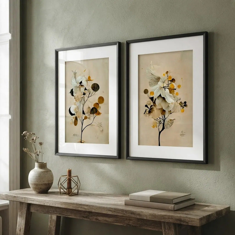 Set 2 Cuadros Flores Tonos Pastel Y Tierra Con Paspartú Marco Negro