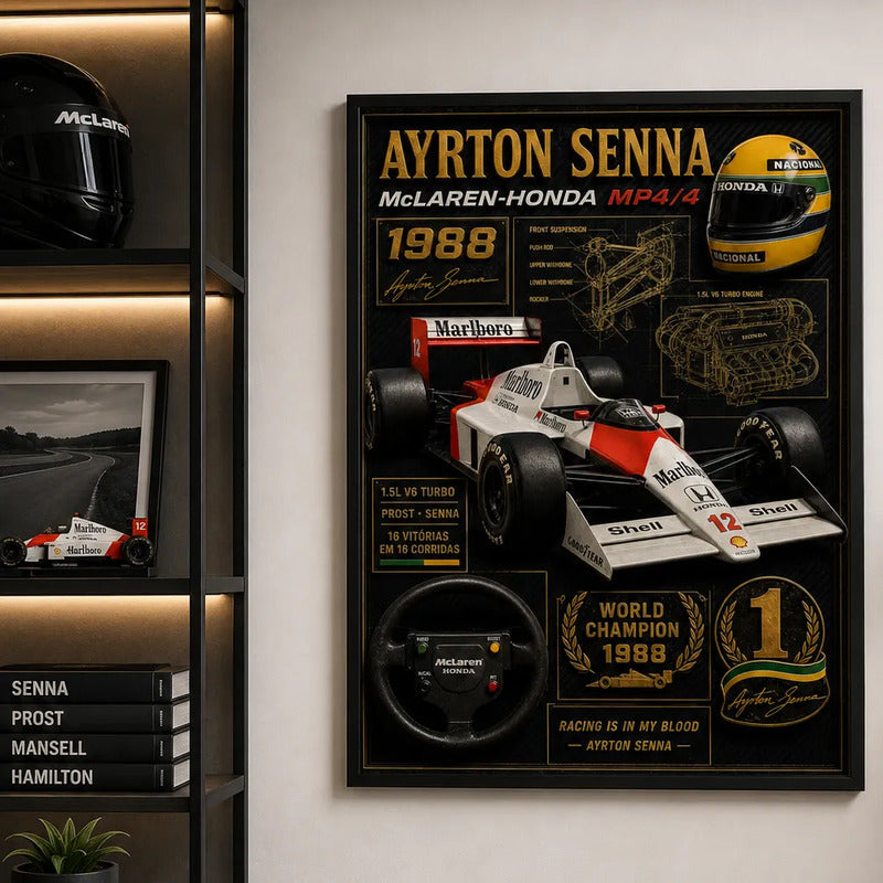 Cuadro Senna Formula 1 Mclaren Honda Mp4/4 Specs Efecto 3d Marco Negro