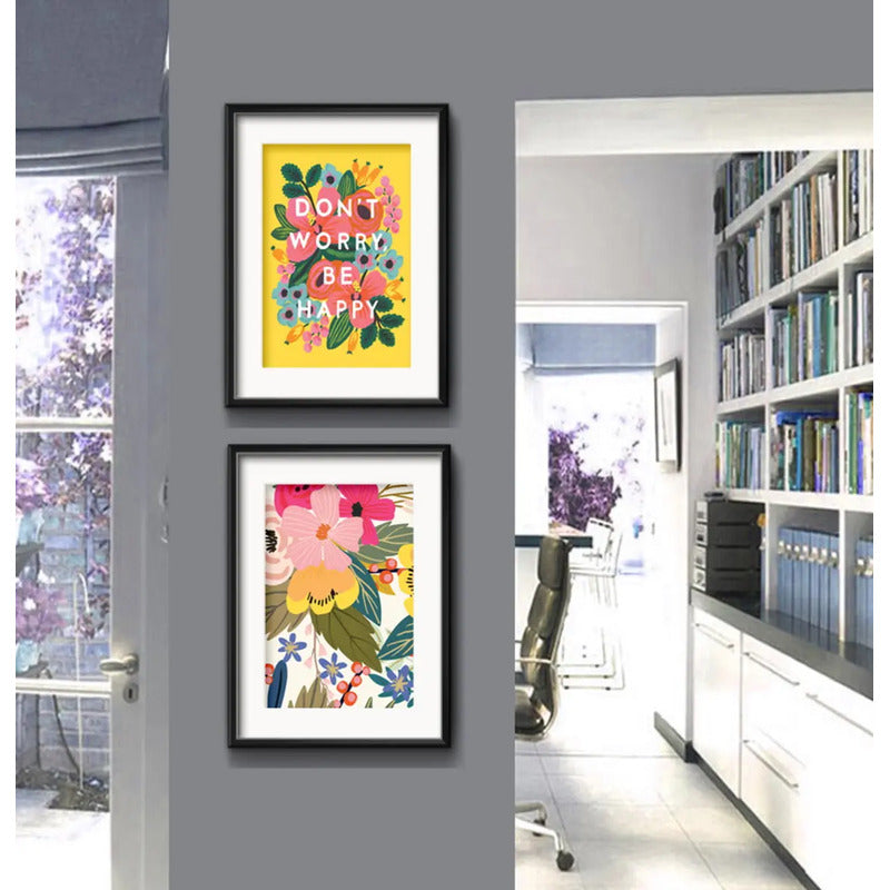 Set 2 Cuadros Flores Pop Art Frase Don't Worry Con Paspartú