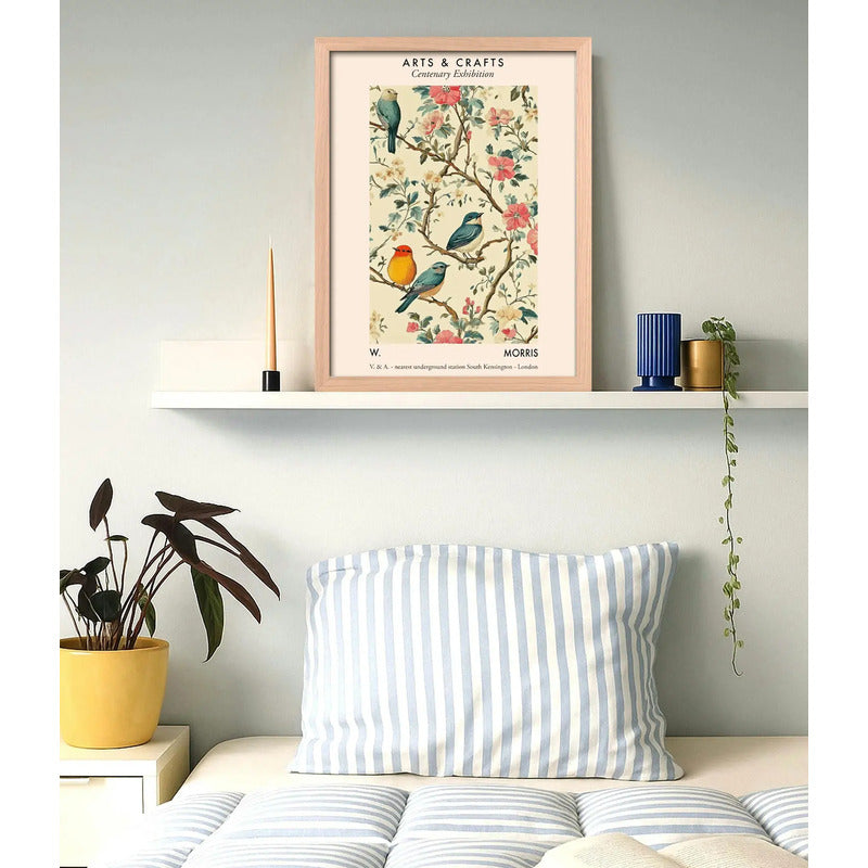 Cuadro Dormitorio William Morris Pájaros Flores Botanica Oak Marco Marrón Claro
