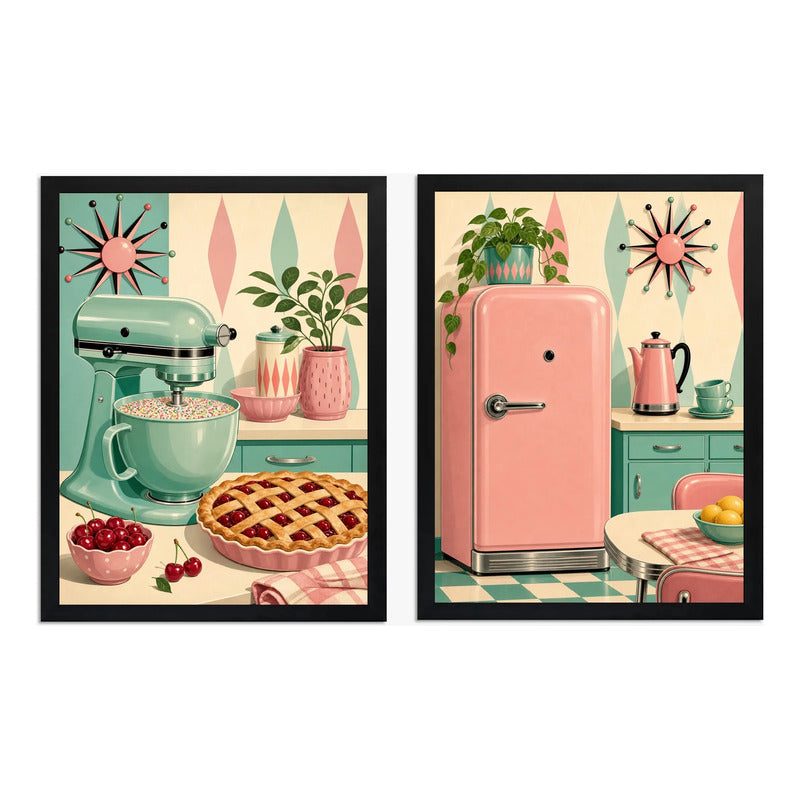 Set 2 Cuadros Cocina Anos 50 Retro Decora Living Comedor Marco Negro