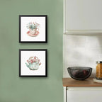 Set 2 Cuadros Taza De Té Con Flores Tetera Botanica Cocina Marco Negro